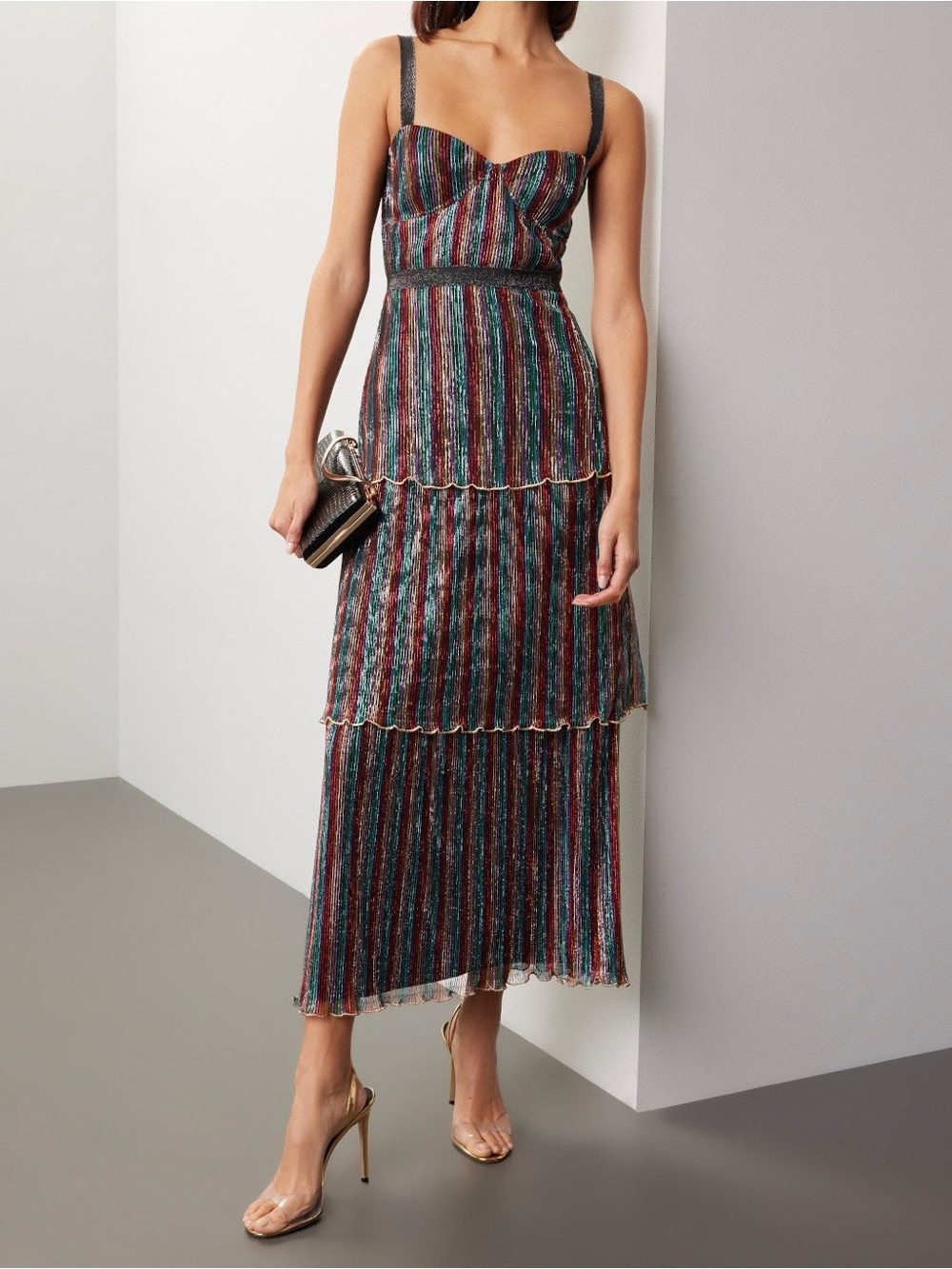Saylor Aviva Metallic Rainbow Pleated Midi Dress Black Size M